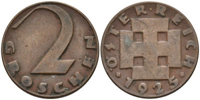 Австрия 2 гроша 1925 KM 2837 бронза 4596-526
