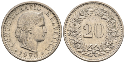 Швейцария 20 раппенов 1970 B KM 29a медно-никель 4610-736