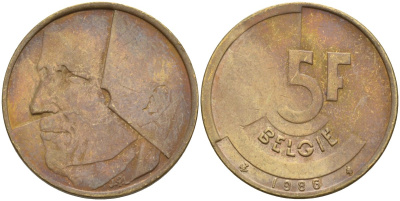 Бельгия 5 франков 1986 Belgie, Бодуэн I (1951-1993) KM 164 алюминиевая бронза 4143-1237