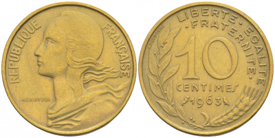 ФРАНЦИЯ 10 САНТИМОВ 1963 ТИП MARIANE KM 929, LE FRANC 144.3 алюминиевая бронза 44-964