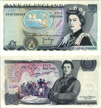 АНГЛИЯ 5 ФУНТОВ 1973-1980 ПОДПИСЬ J.B. PAGE Pick 378b бумага аUNC 7214-42-3-1