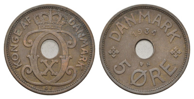 Дания 5 эре 1934 N, Кристиан X (1912-1947) KM 828 бронза 4700-837