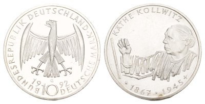 ФРГ 10 марок 1992 G, 125 лет со дня рождения Кете Кольвиц KM 178 серебро UNC 4634-1011