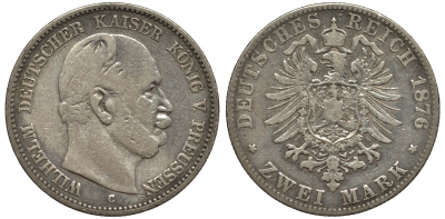 Пруссия 2 марки 1876 C, Вильгельм I (1861-1888) Weege 96, J. 96, KM 506 серебро 02-014-15