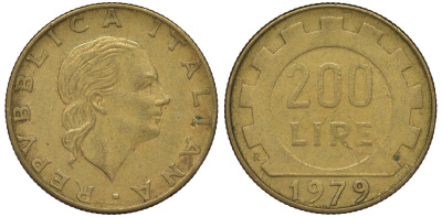 Италия 200 лир 1979 R, шестерня KM 105 алюминиевая бронза 4128-1252