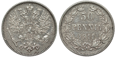 Россия для Финляндии 50 пенни 1911 L, Николай II (1894-1917) КМ 2.2, Биткин 404 серебро 75-856