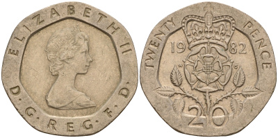 Великобритания 20 пенсов 1982 Елизавета II (1952-2022) KM 931, Spink 4230 (G1) медно-никель    4187-536