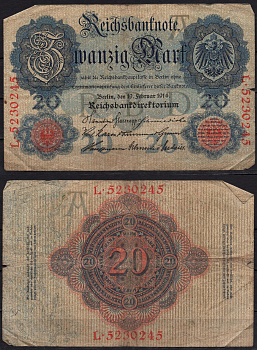 Германия 20 марок 1914 Pick 46b бумага 8592-25-3-2