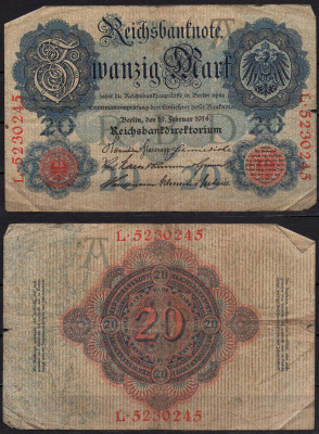 Германия 20 марок 1914 Pick 46b бумага 8592-25-3-2