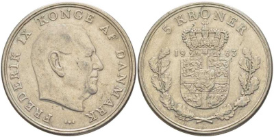 ДАНИЯ 5 КРОН 1963 C; S, ФРЕДЕРИК IX (1947-1972) KM 853.1 медно-никель 38-444