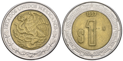 Мексика 1 песо 1997 KM 603 биметалл 87-725