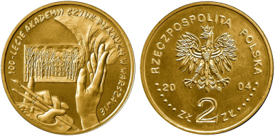 Польша 2 злотых 2004 MW, 100 лет Академии изящных искусств KM 509 нордик UNC 4676-146