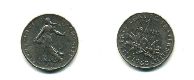 ФРАНЦИЯ 1 ФРАНК 1960 СЕЯТЕЛЬ KM 925.1, LE FRANC 226.4 никель 83-743