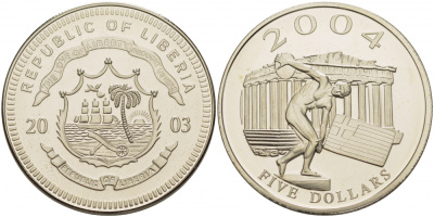 Либерия 5 долларов 2003 Олимпиада, дискобол  медно-никель  UNC  1099-2-33