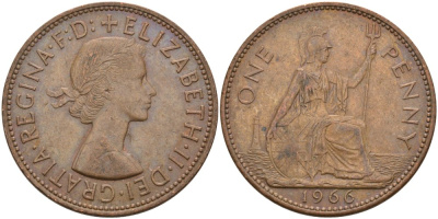 Великобритания 1 пенни 1966 Елизавета II (1952-2022) KM 897, Spink 4157 бронза 4574-311