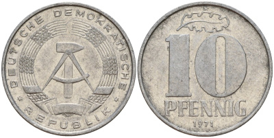 ГДР 10 пфеннигов 1971 A KM 10 алюминий 68-751
