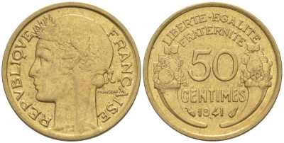 ФРАНЦИЯ 50 САНТИМОВ 1941 ТИП MORLON KM 894.1, LE FRANC 192.18 алюминиевая бронза 44-443
