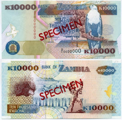 Замбия 10000 квача 1992 дикобраз, статуя Свободы в Лусаке. Образец, Specimen Pick 42 s бумага UNC (пресс) 451-338-3