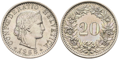 Швейцария 20 раппенов 1968 B KM 29a медно-никель    4161-654