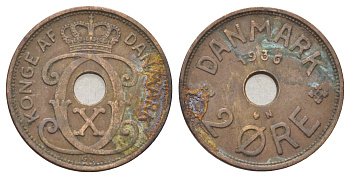 Дания 2 эре 1936 N, Кристиан X (1912-1947) KM 827 бронза 4701-841