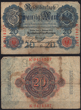 Германия 20 марок 1914 Pick 46b бумага 8592-51-2-2