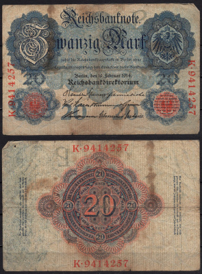 Германия 20 марок 1914 Pick 46b бумага 8592-51-2-2