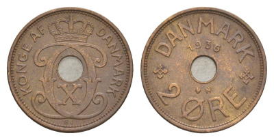 Дания 2 эре 1936 N, Кристиан X (1912-1947) KM 827 бронза 4639-751