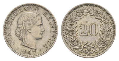 Швейцария 20 раппенов 1947 B KM 29a медно-никель 4547-245