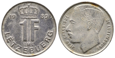 ЛЮКСЕМБУРГ 1 ФРАНК 1989 ЖАК (1964-2000) KM 63 никелированная сталь 179-1044
