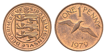Гернси 1 пенни 1979 Елизавета II (1952-2022), северная олуша в полете KM 27 бронза 4702-723