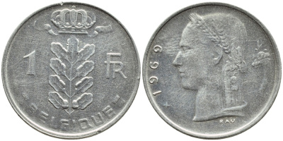 БЕЛЬГИЯ 1 ФРАНК 1969 BELGIQUE KM 142.1 медно-никель 4385-426