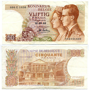 БЕЛЬГИЯ 50 ФРАНКОВ 1966 16 МАЯ 1966, ПОДПИСЬ 19, КОРОЛЬ БОДУЭН И КОРОЛЕВА ФАБИОЛА Pick 139 бумага 6299-37-1