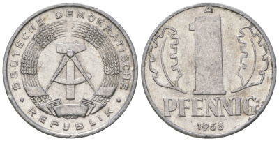 ГДР 1 пфенниг 1968 А КМ 8.1 алюминий 3458-325
