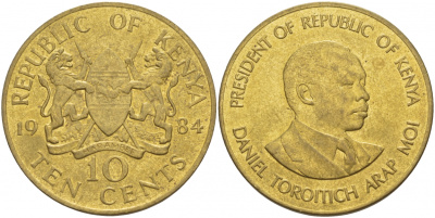 Кения 10 центов 1984 Дэниэл арап Мои KM 18 никель латунь UNC 4545-1044