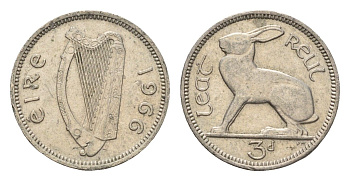 Ирландия 3 пенса 1966 заяц KM 12a медно-никель 4690-322