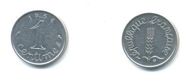 ФРАНЦИЯ 1 САНТИМ 1964 KM 928 хромированная сталь 84-1516