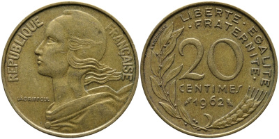 ФРАНЦИЯ 20 САНТИМОВ 1962 KM 930 медь алюминий никель 98-322