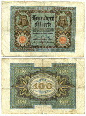 Германия 100 марок 1920 Бамбергский всадник, 8 цифр в номере Pick 69 b, Розенберг 69b бумага 3295-116-2-1