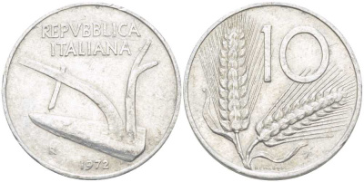 ИТАЛИЯ 10 ЛИР 1972 R, ПЛУГ, КОЛОСЬЯ KM 93 алюминий 175-417
