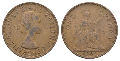 Великобритания 1 пенни 1962 Елизавета II (1952-2022) KM 897, Spink 4157 бронза 4661-844