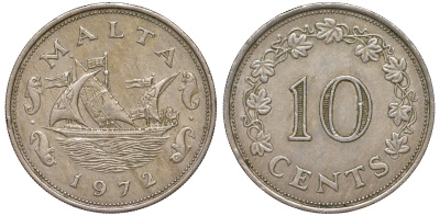 Мальта 10 центов 1972 баржа Великого магистра KM 11 медно-никель 4144-211