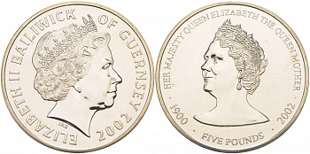 Гернси 5 фунтов 2002 королева Елизавета, королева мать KM 127 медно-никель UNC 11-092-41