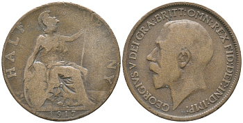 Великобритания 1/2 пенни 1917 Георг V (1910-1936) KM 809, Spink 4056 бронза 34-222