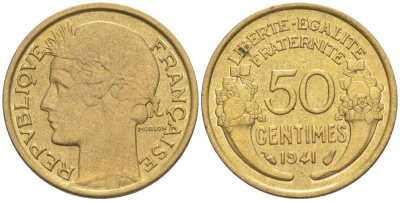 ФРАНЦИЯ 50 САНТИМОВ 1941 ТИП MORLON KM 894.1, LE FRANC 192.18 алюминиевая бронза 44-462