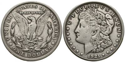 США 1 доллар 1921 S, Морган доллар KM 110 серебро 272-1515