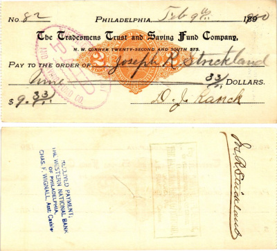 США чек на 9,33 долларов 1900 Филадельфия бумага 3295-57-1-2