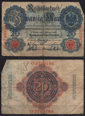 Германия 20 марок 1914 Pick 46b бумага 8592-24-3-1