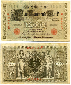 Германия 1000 марок 1910 21 апреля 1910, красная печать, номер семизначный, серия K, буква S, выпуск АВГУСТ 1922 Pick 44, Роземберг 45с бумага VF- 8606-41-1-2