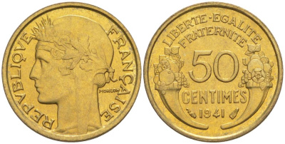 ФРАНЦИЯ 50 САНТИМОВ 1941 ТИП MORLON KM 894.1, LE FRANC 192.18 алюминиевая бронза 44-442