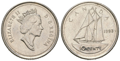 Канада 10 центов 1993 Елизавета II (1952-2022), парусник KM 183 никель 4381-915